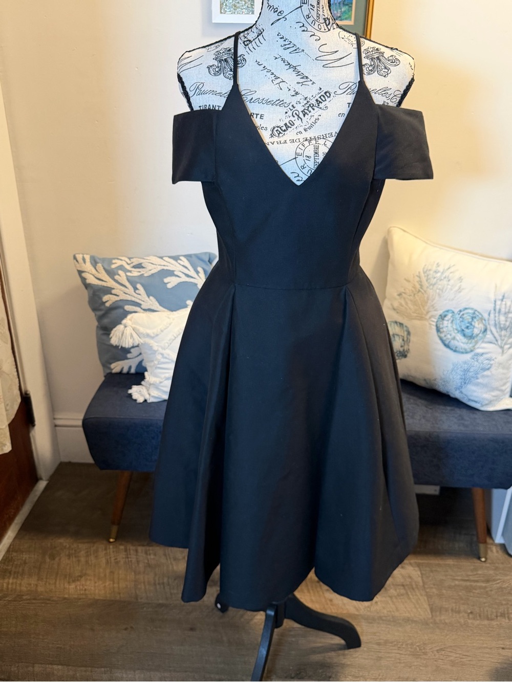 Halston Heritage Black Off-Shoulder V-Neck Fit & Flare Dress